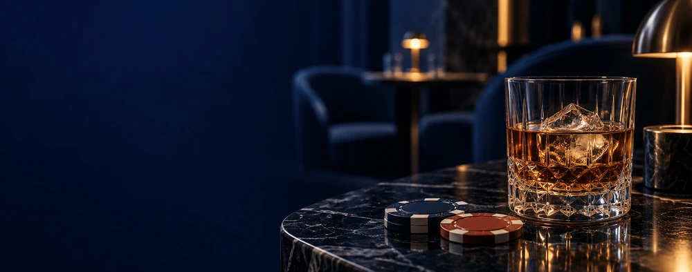 Chips and a glass on a black marble table